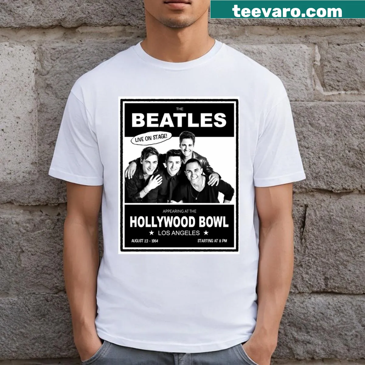 Vintage-style Beatles T-shirt featuring playful band graphic — on a men's t-shirt