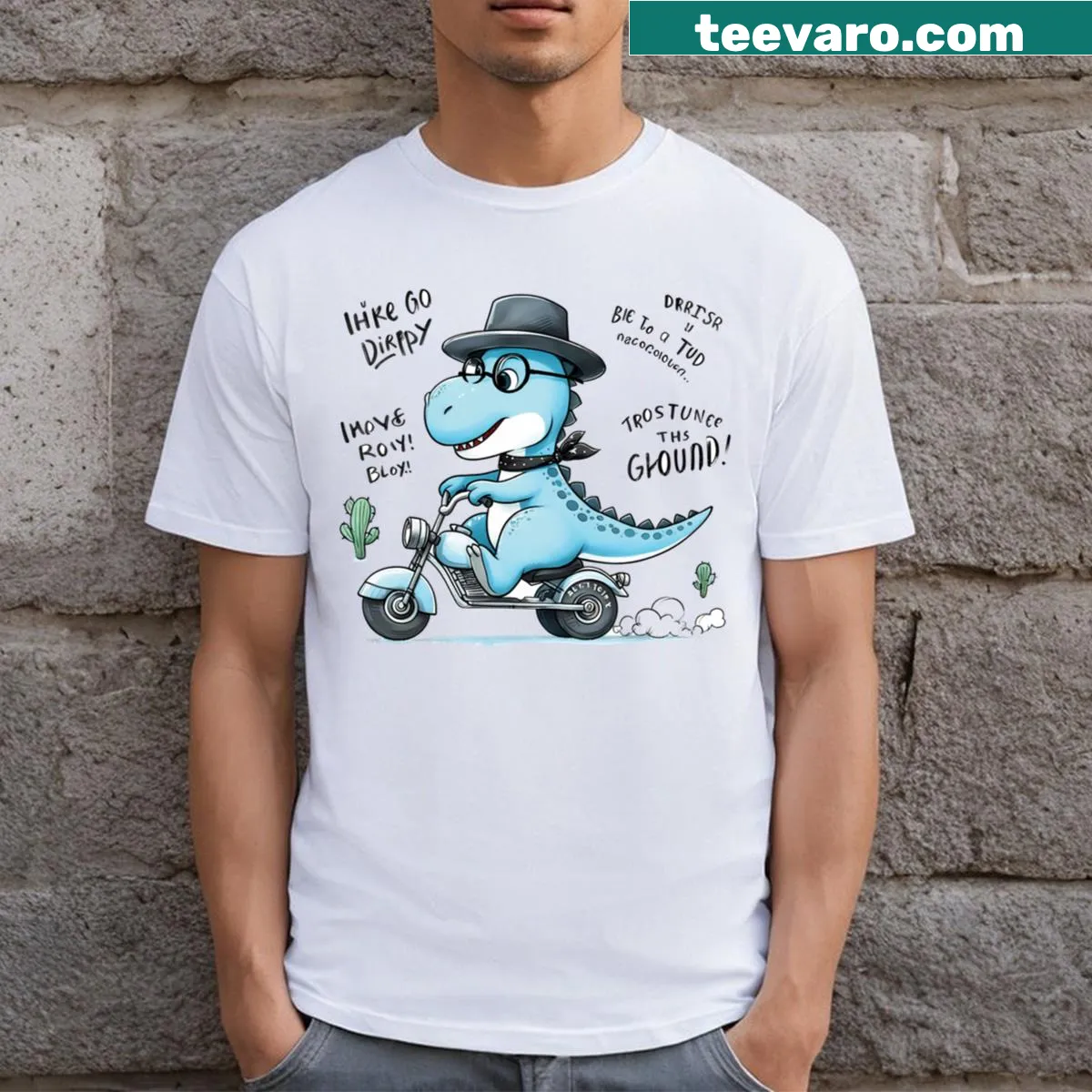 Funny cartoon dinosaur graphic t-shirt for kids — on a men's t-shirt