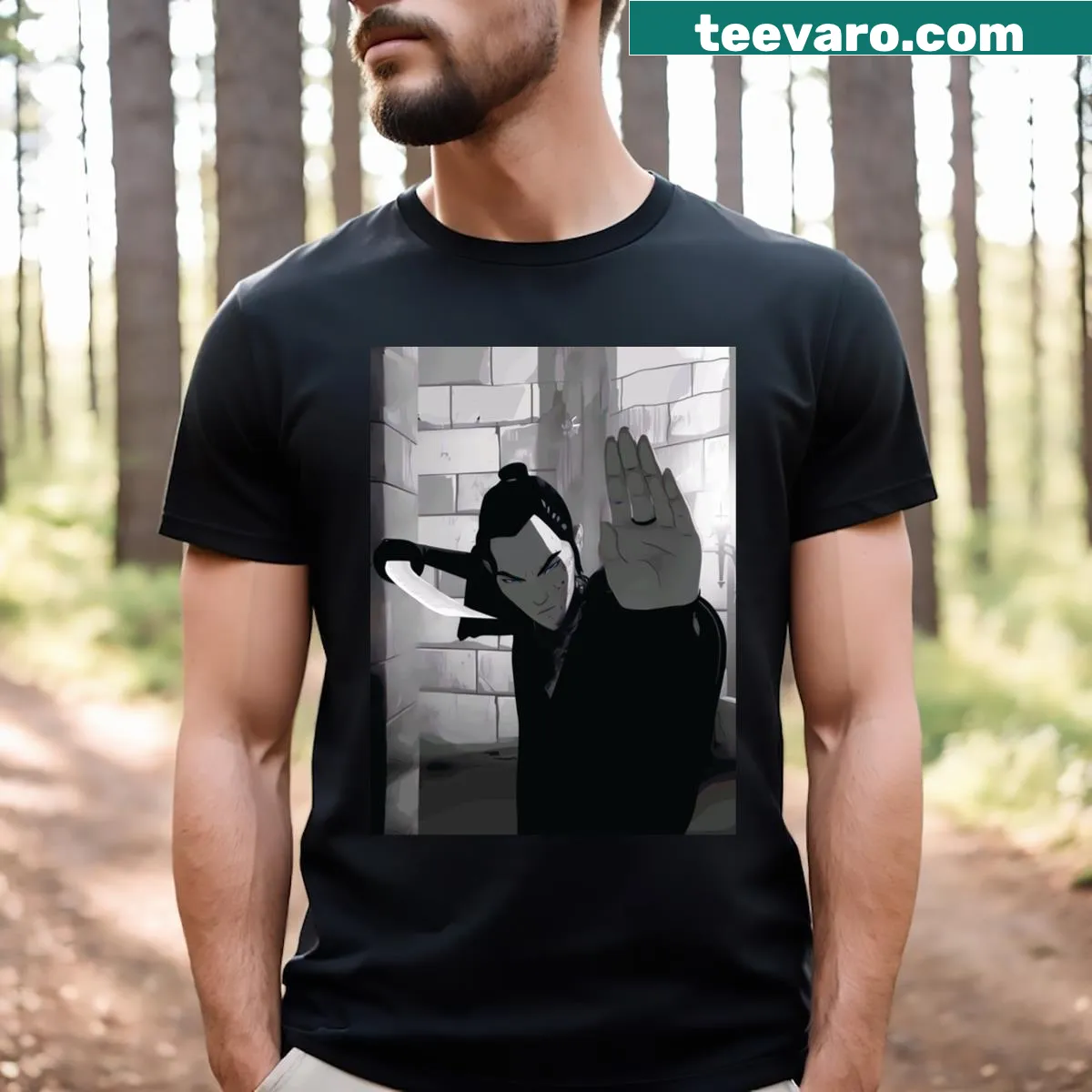 Artistic T-shirt featuring a fierce samurai design with blue eyes — on a men's t-shirt