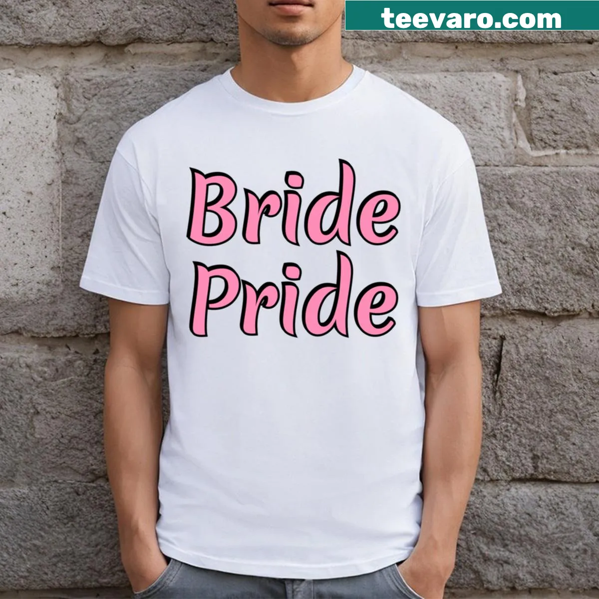 Pride-themed wedding T-shirt with 'Bride Pride' text — on a men's t-shirt