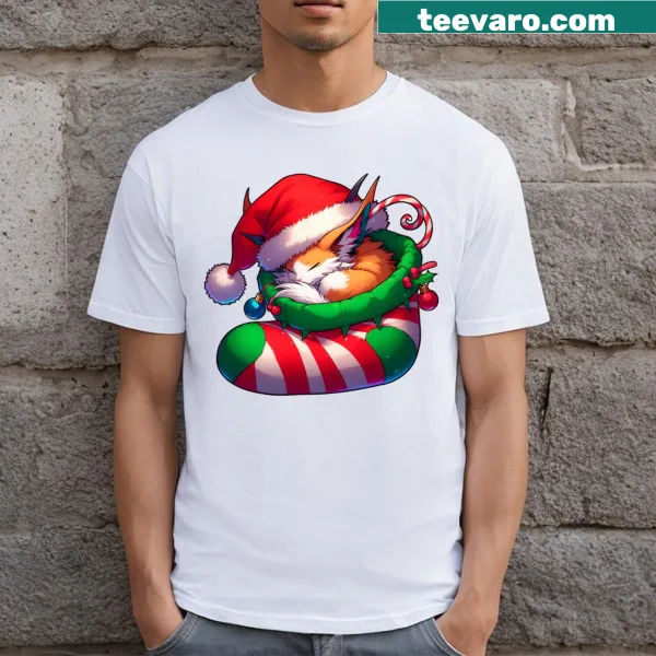 Illustration of a cat curled up in a sock on a T-shirt