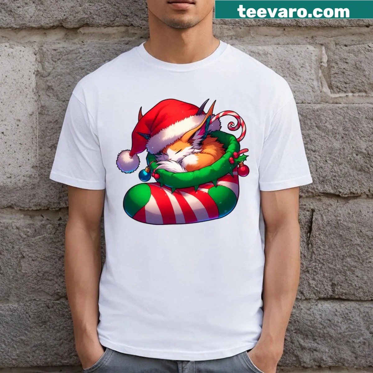 Illustration of a cat curled up in a sock on a T-shirt — on a men's t-shirt