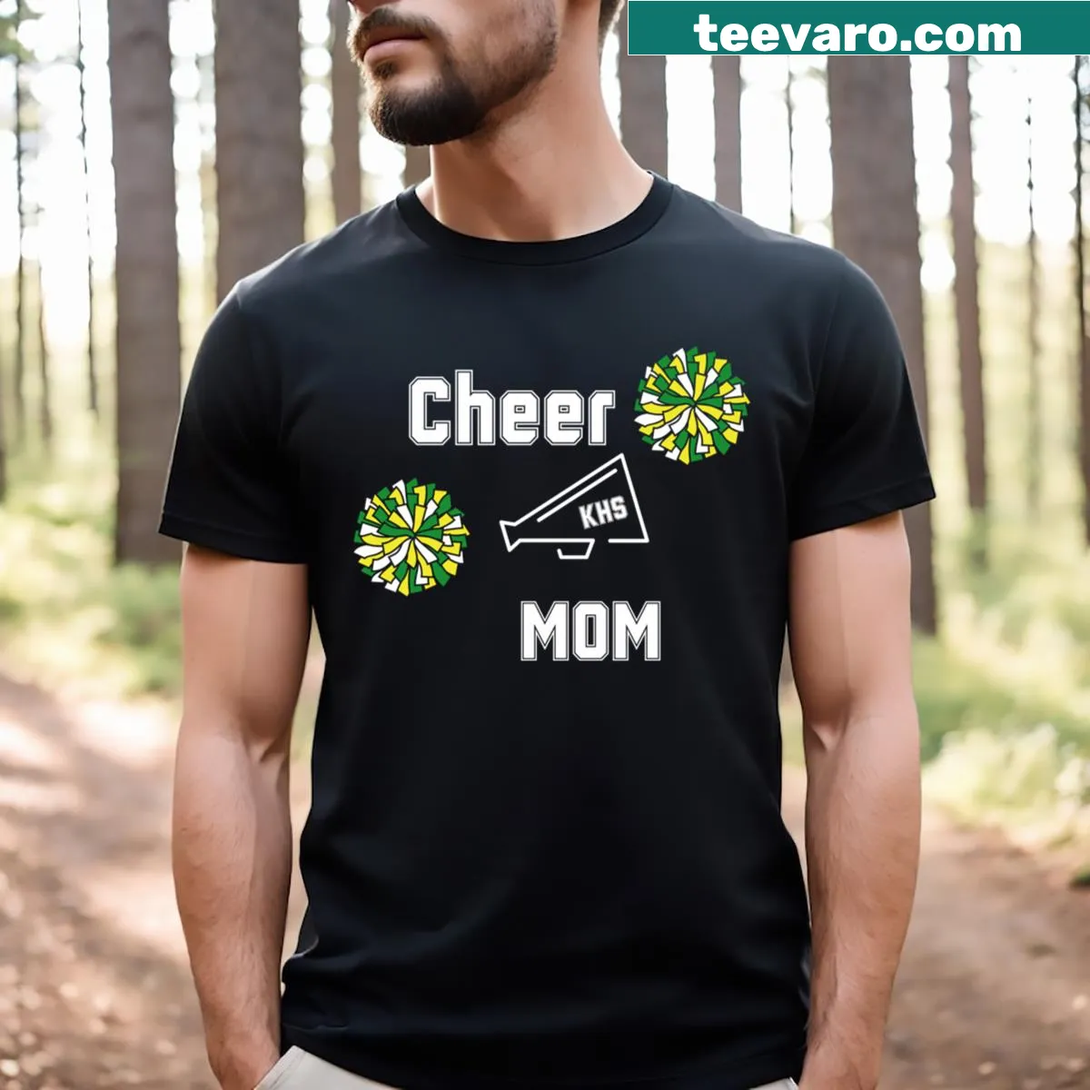 Typographic Cheer Mom T-shirt with bold lettering — on a men's t-shirt