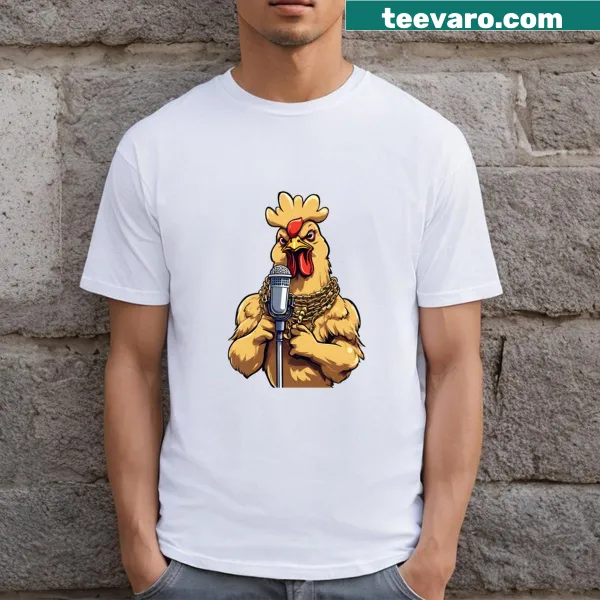 Cartoon chicken singing on a humorous T-shirt