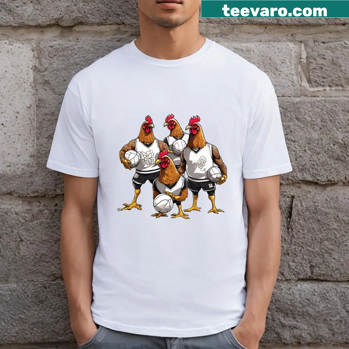 Humorous Chicken Thuggets volleyball illustration on a T-shirt — on a men's t-shirt