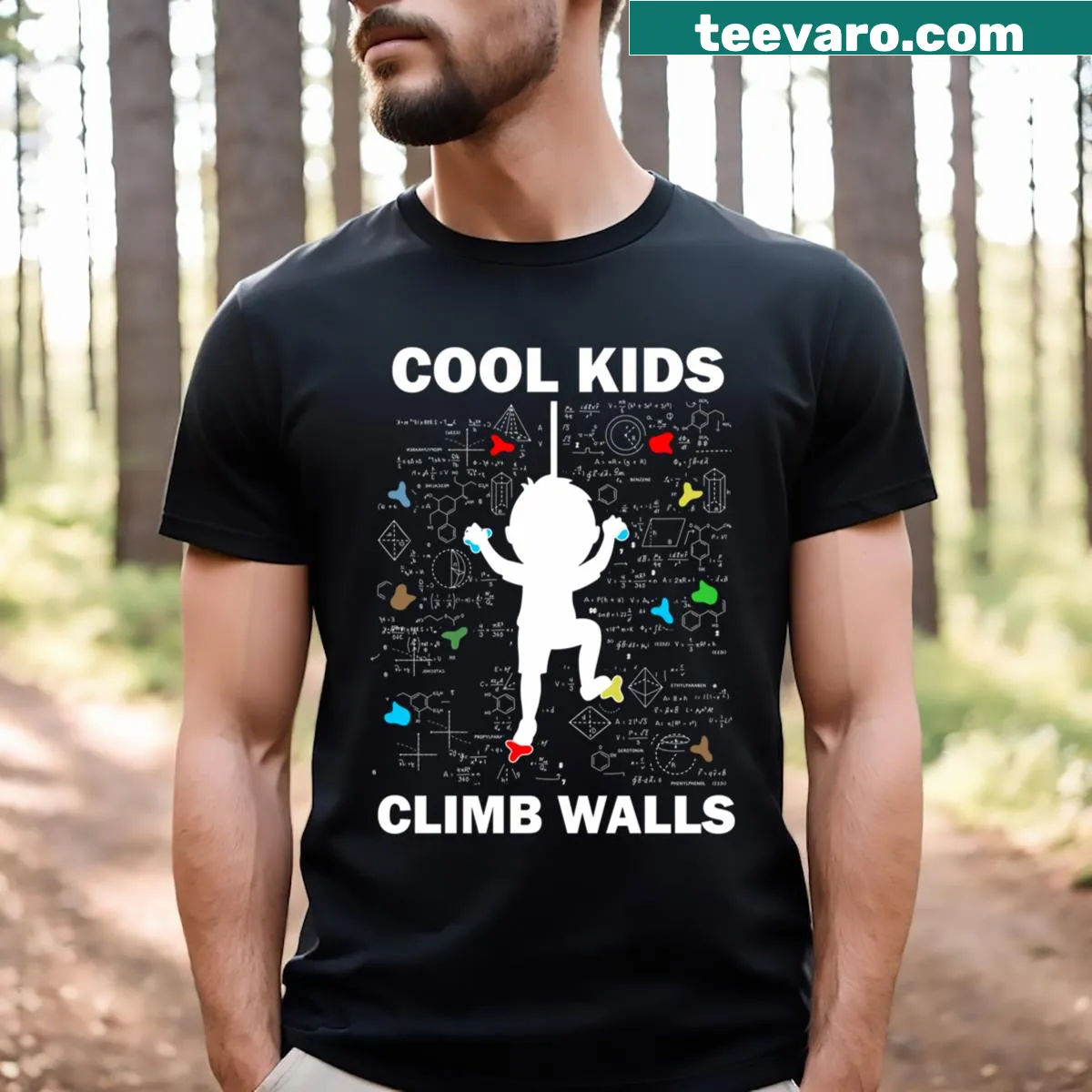 Funny T-shirt with kids climbing walls and humorous text — on a men's t-shirt