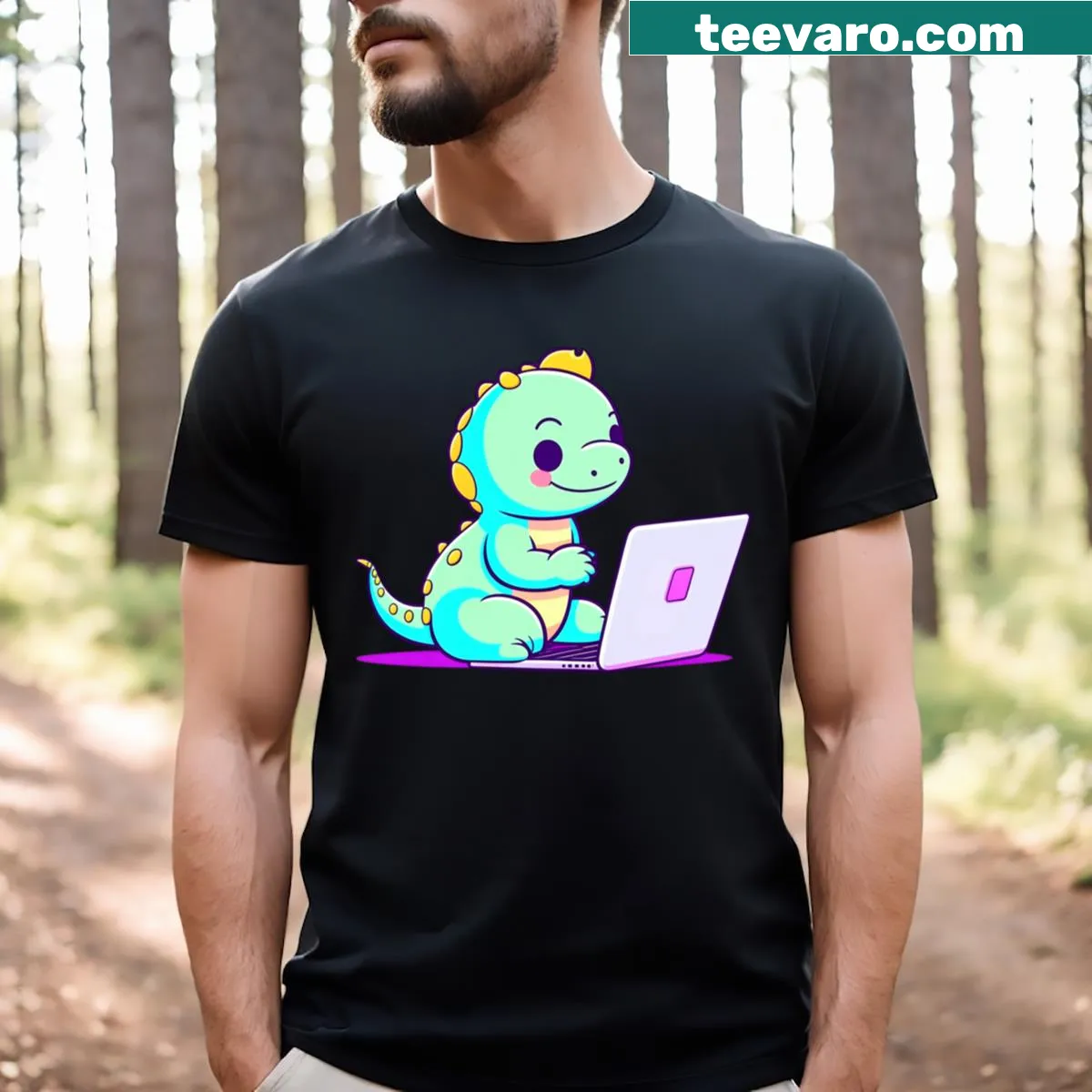 T-shirt featuring a cute dinosaur on a laptop in a playful design — on a men's t-shirt