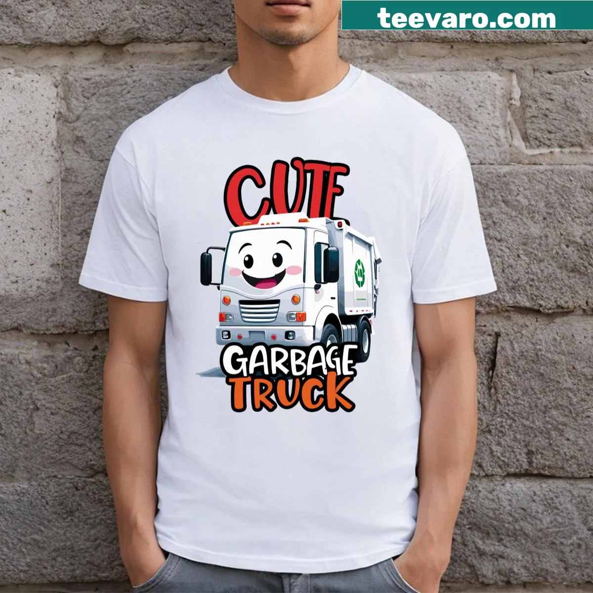 Cartoon cute garbage truck graphic on a kid's tee — on a men's t-shirt