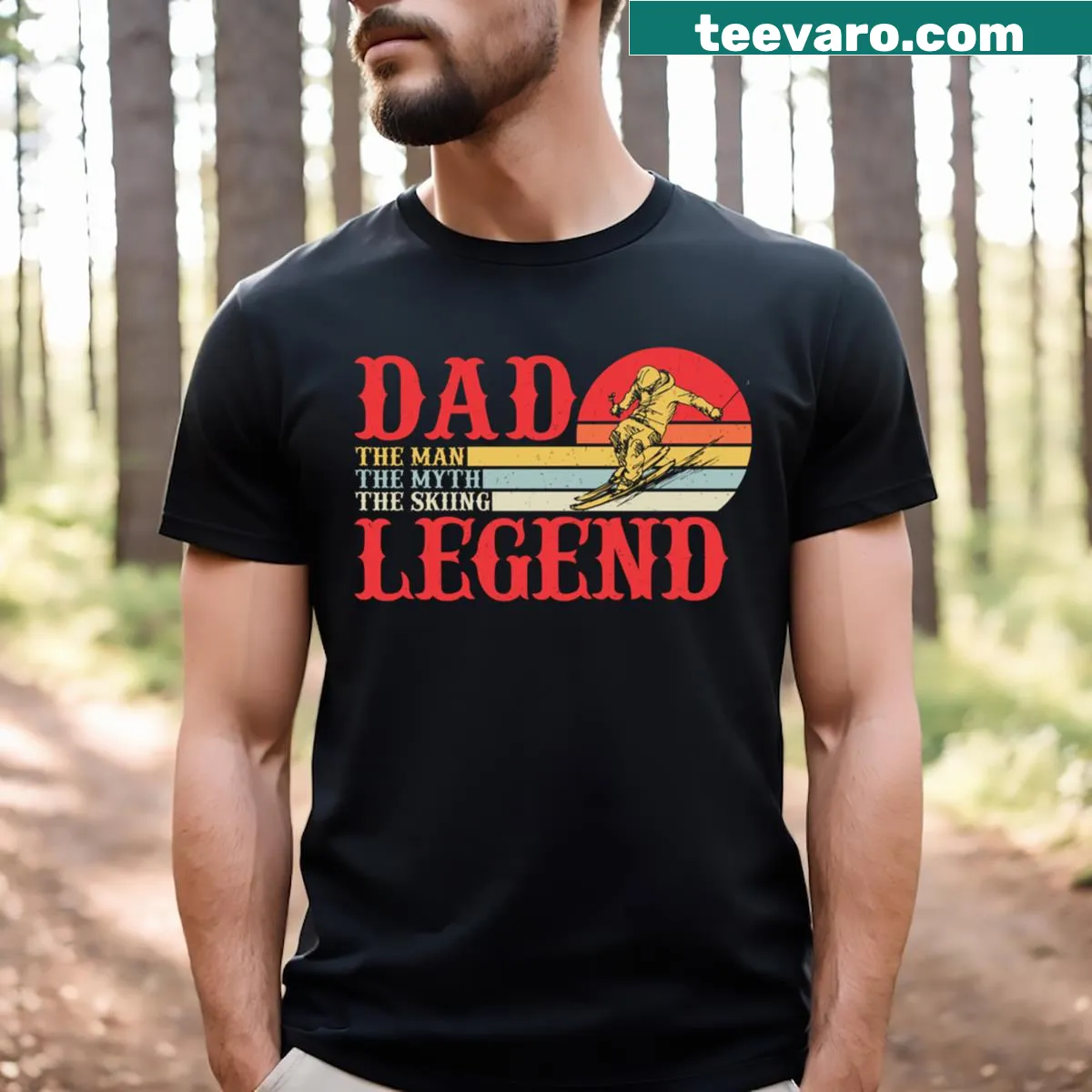 Funny skiing shirt with text 'Dad The Man The Myth The Skiing Legend' — on a men's t-shirt