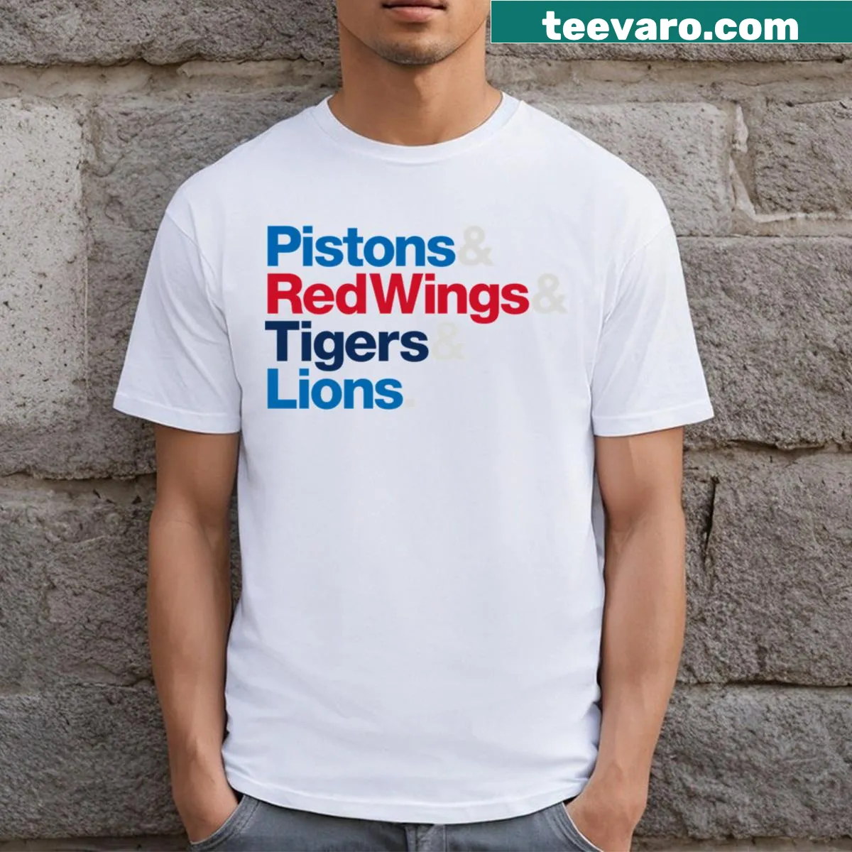 T-shirt featuring an emblem for Detroit sports teams — on a men's t-shirt