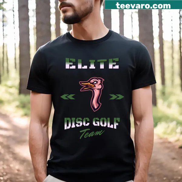 T-shirt with a bold emblem celebrating disc golf teams