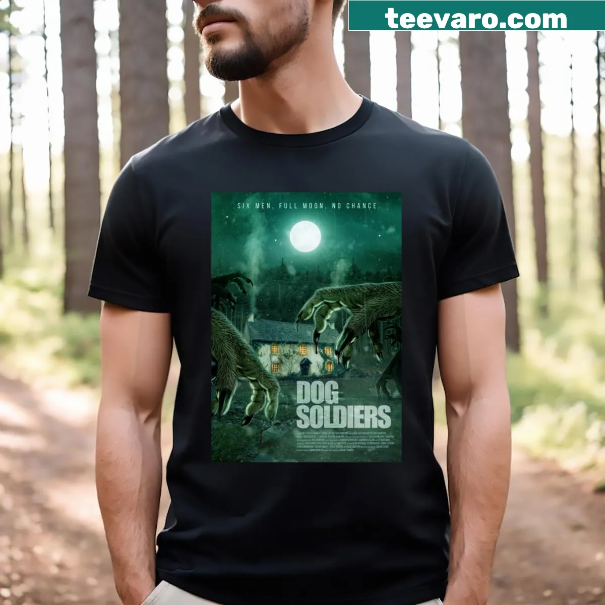 T-shirt featuring Dog Soldiers original poster art — on a men's t-shirt