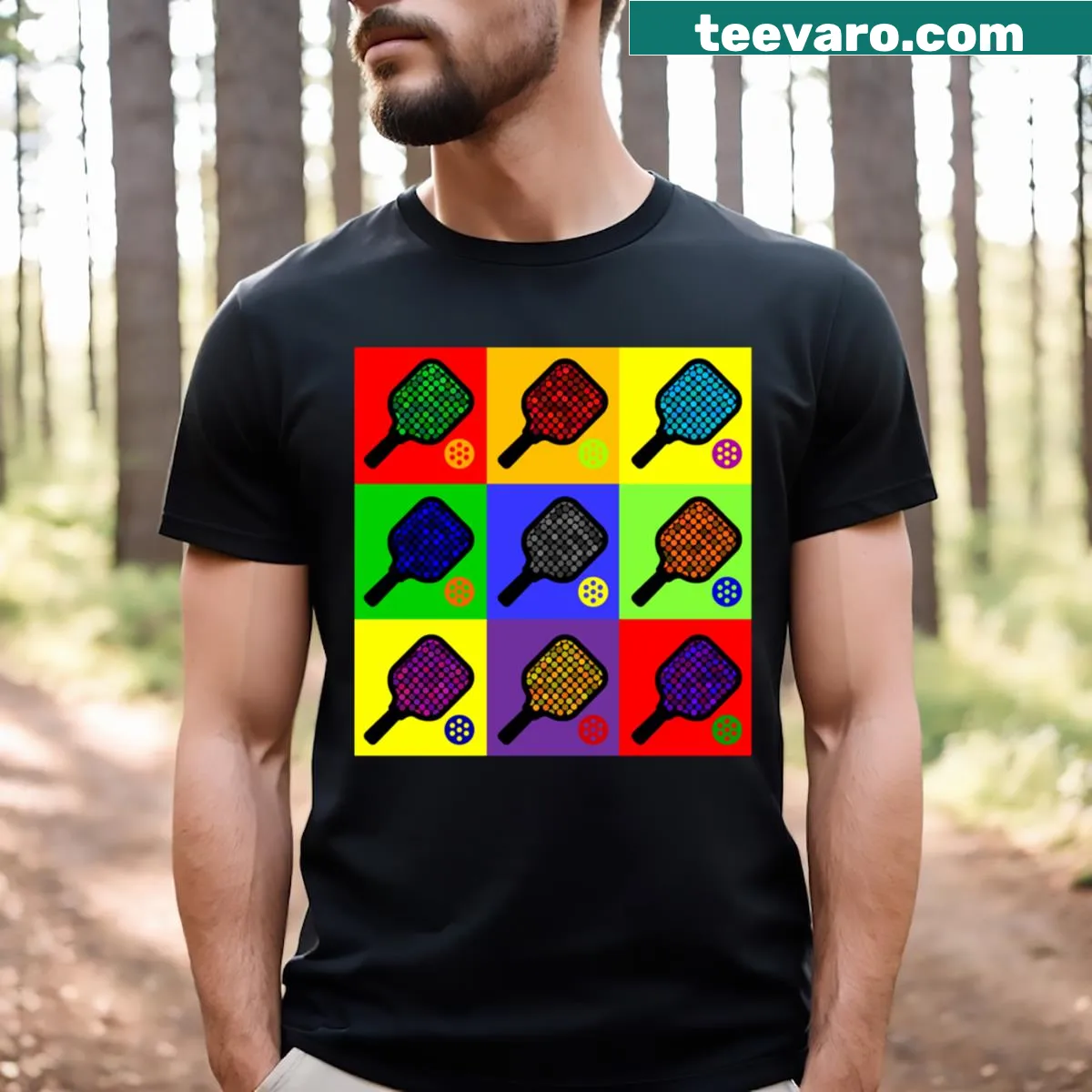 Pickleball-themed t-shirt with Andy Warhol-style dot art — on a men's t-shirt