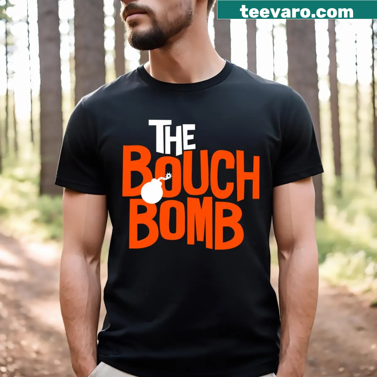 Evan Bouchard The Bouch Bomb t-shirt with bold text design — on a men's t-shirt