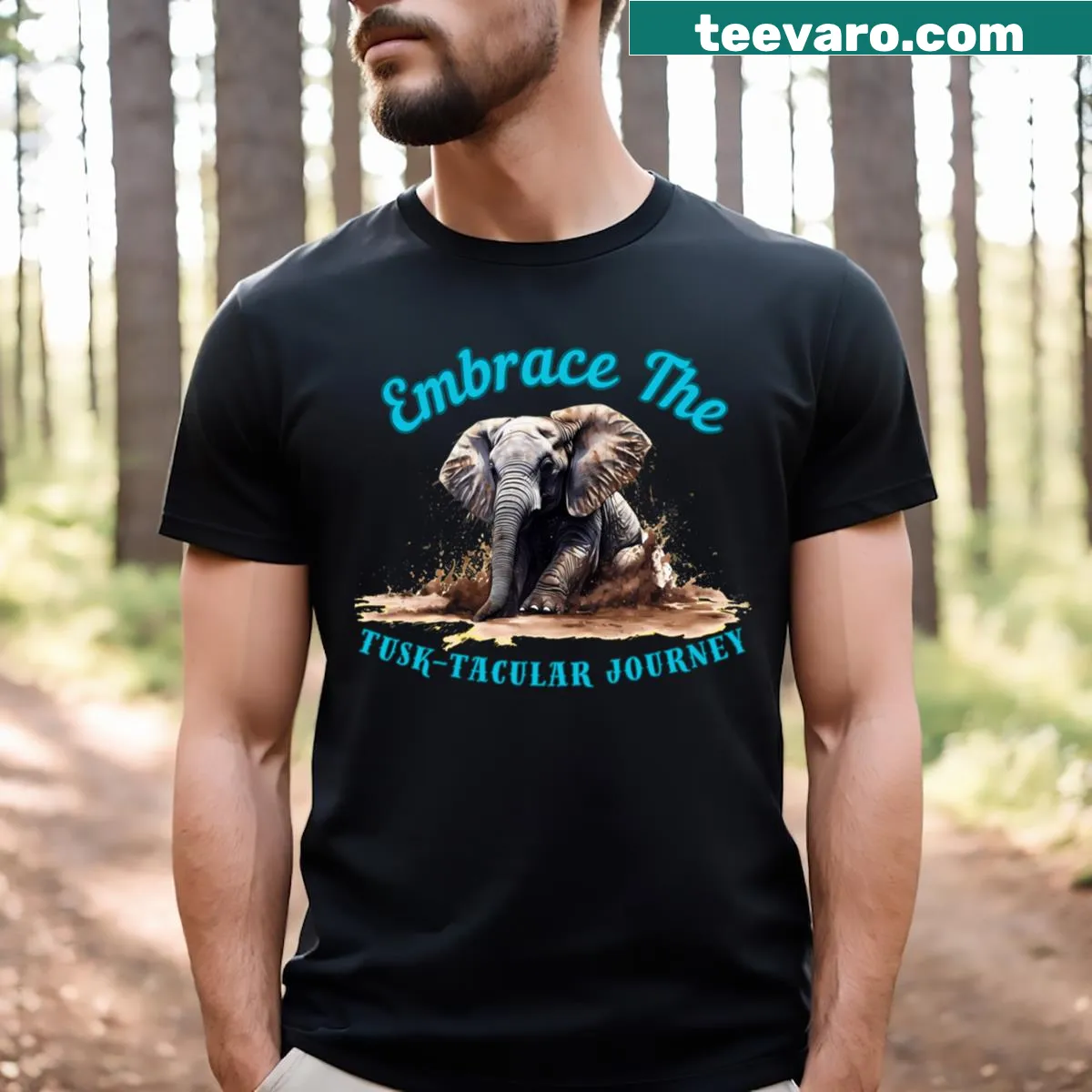 Funny elephant t-shirt with whimsical text about a journey — on a men's t-shirt
