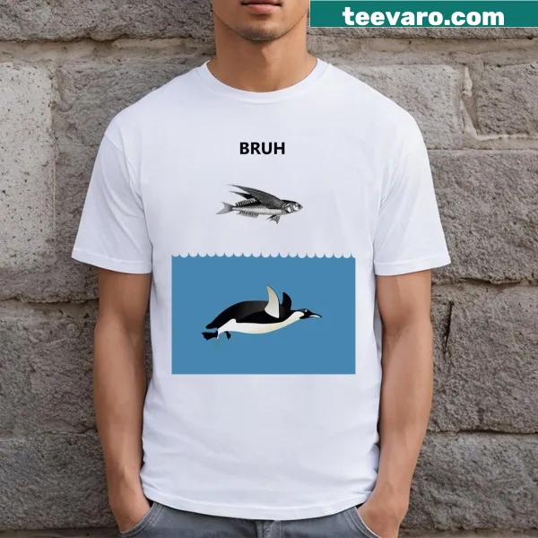T-shirt featuring a cartoon penguin and flying fish with humorous text