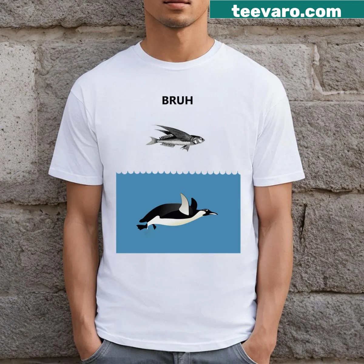 T-shirt featuring a cartoon penguin and flying fish with humorous text — on a men's t-shirt