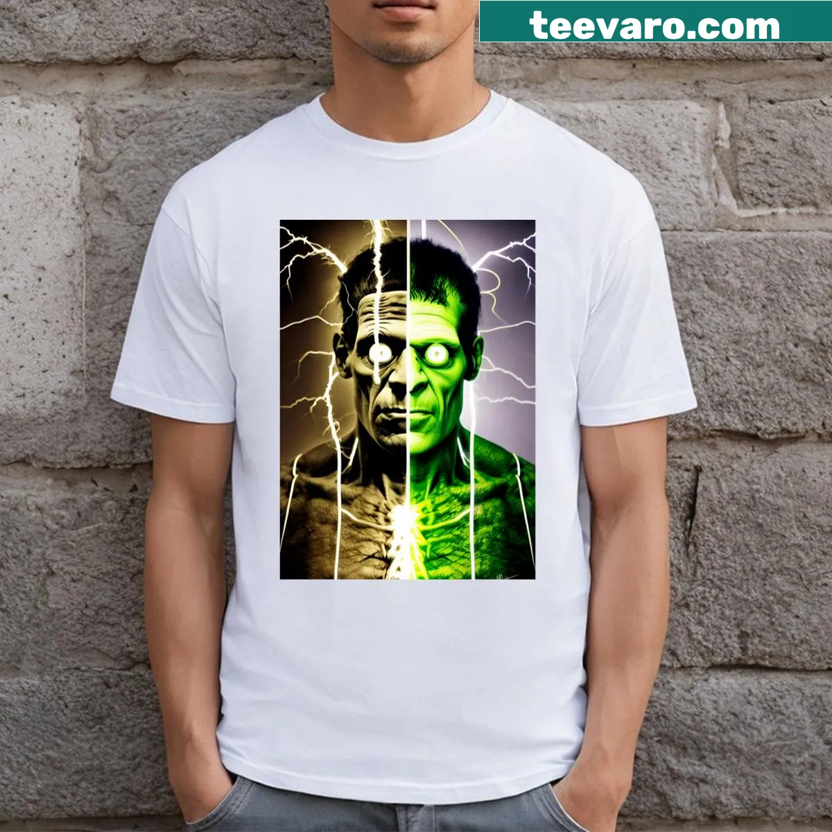 T-shirt featuring an illustration of Frankenstein — on a men's t-shirt