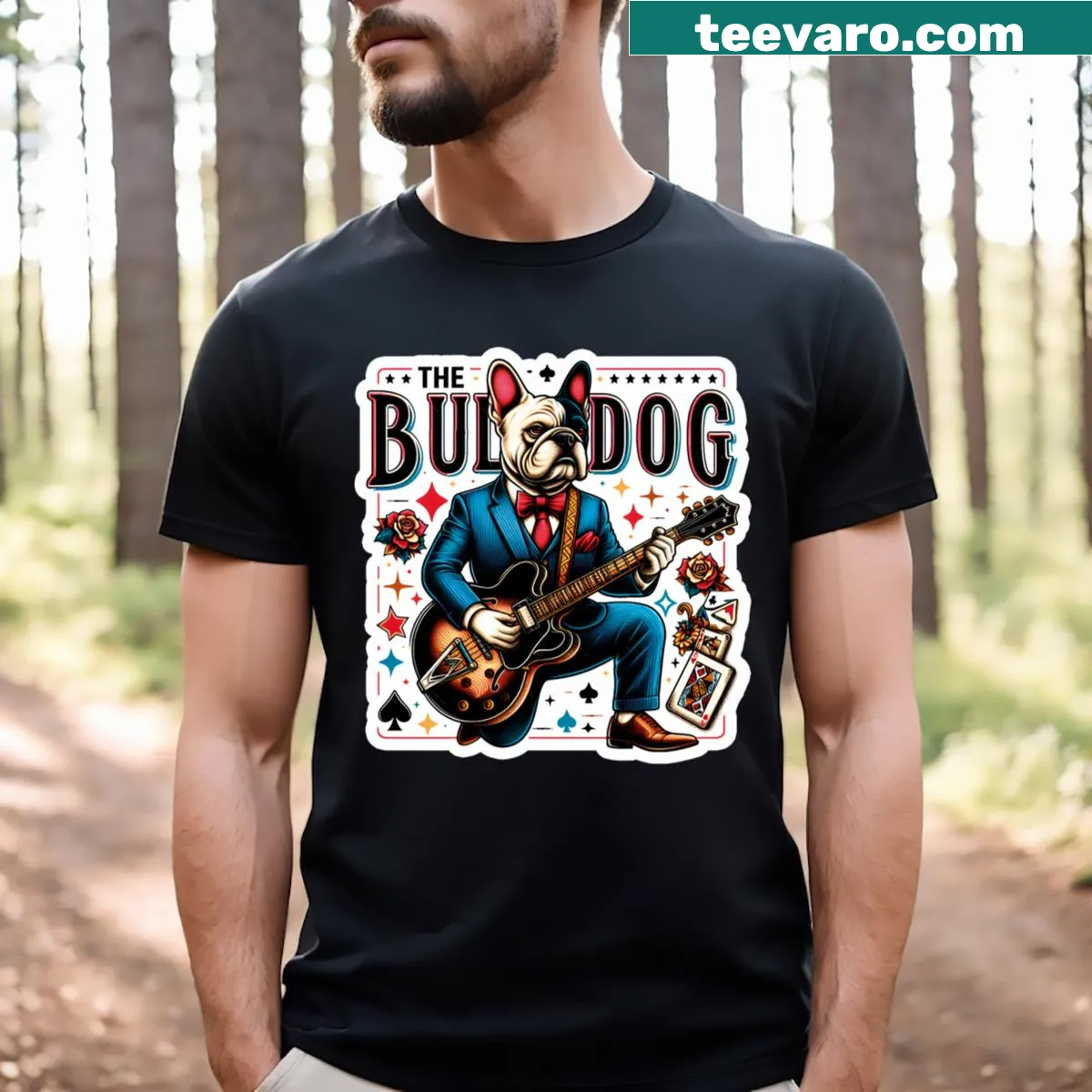 Funny T-shirt featuring a cartoon French Bulldog in a suit playing guitar — on a men's t-shirt
