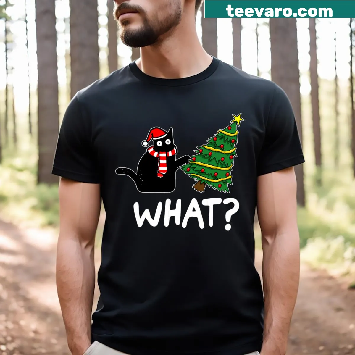 Cartoon black cat pushing a Christmas tree over on a T-shirt — on a men's t-shirt