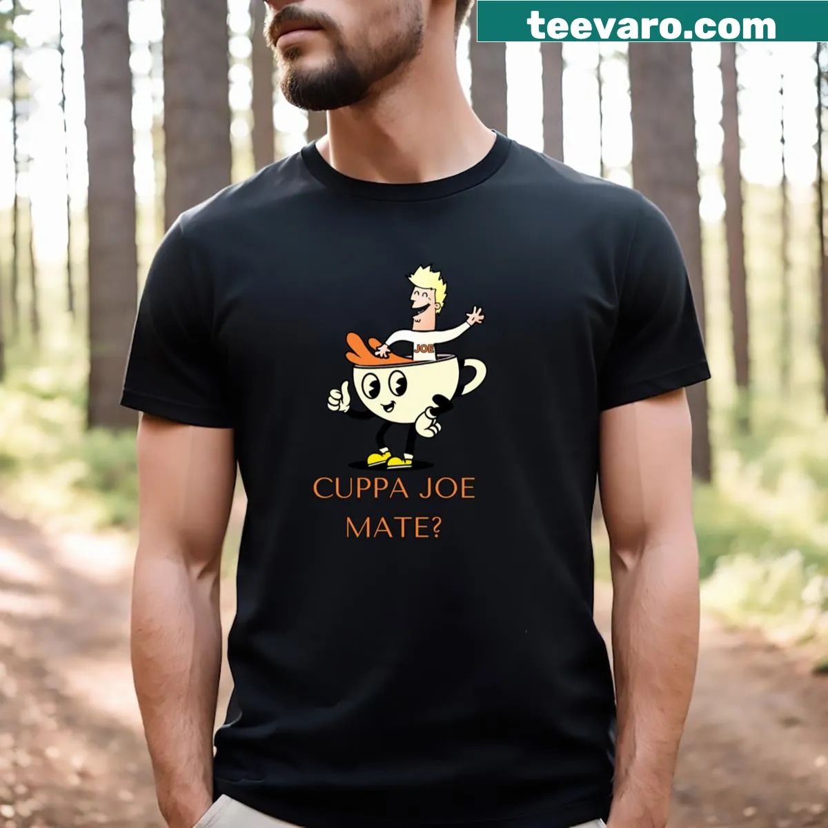 Cartoon coffee cup character on a T-shirt — on a men's t-shirt