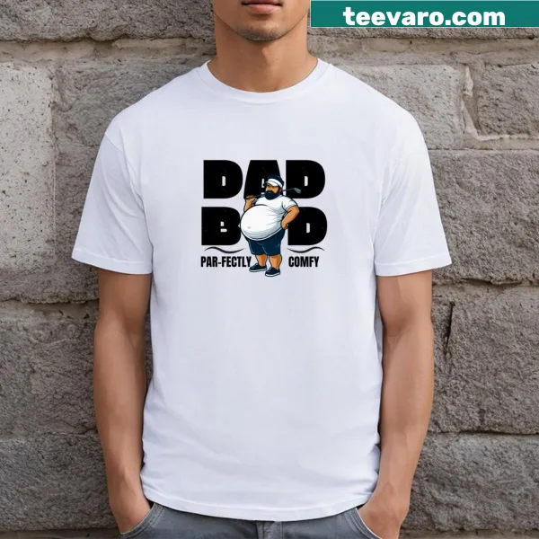 Cartoon Dad Bod golf t-shirt featuring a humorous graphic.