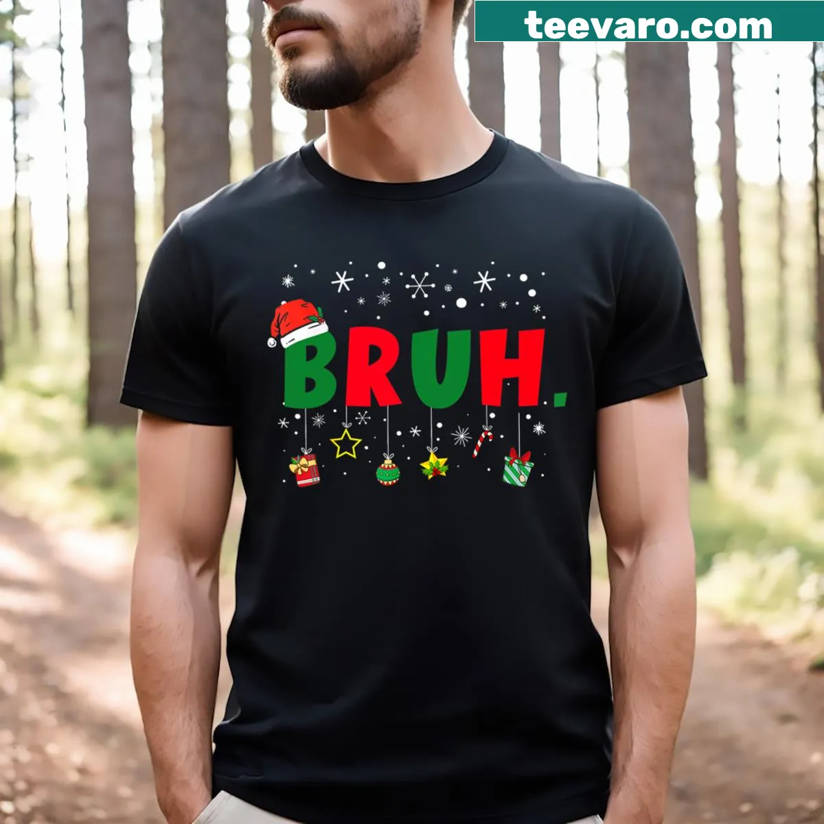 Funny Christmas shirt with 'Bruh' text for festive wear — on a men's t-shirt
