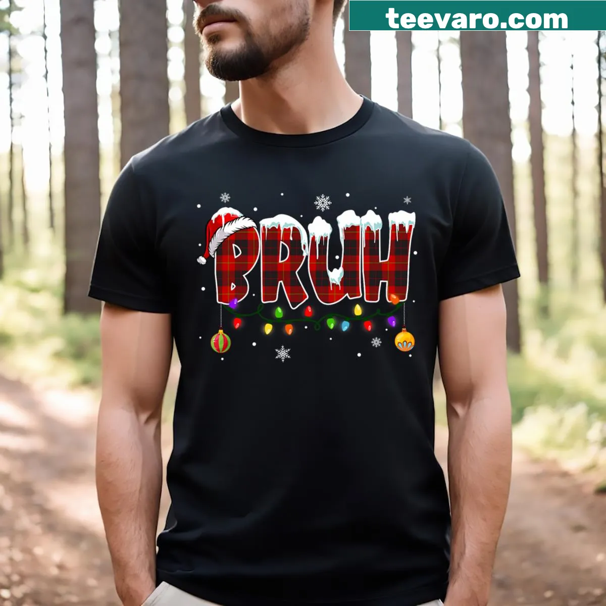Buffalo plaid T-shirt with 'Bruh' for Christmas festivities — on a men's t-shirt