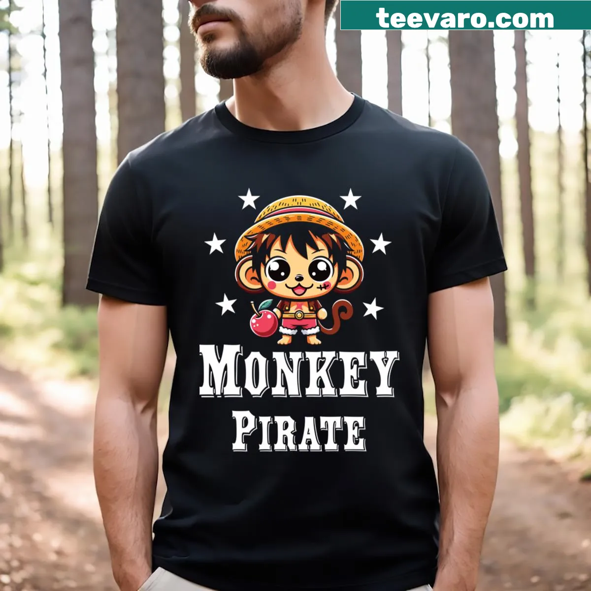 Cute manga-style pirate monkey graphic t-shirt for kids — on a men's t-shirt