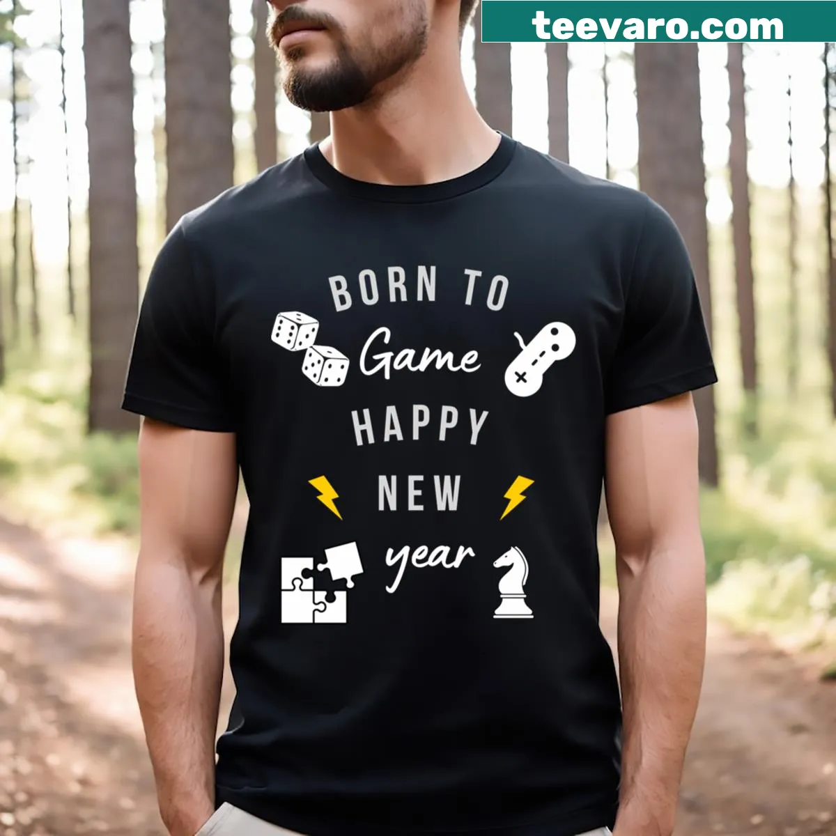 Funny New Year T-shirt with 'Born to Game' graphic — on a men's t-shirt