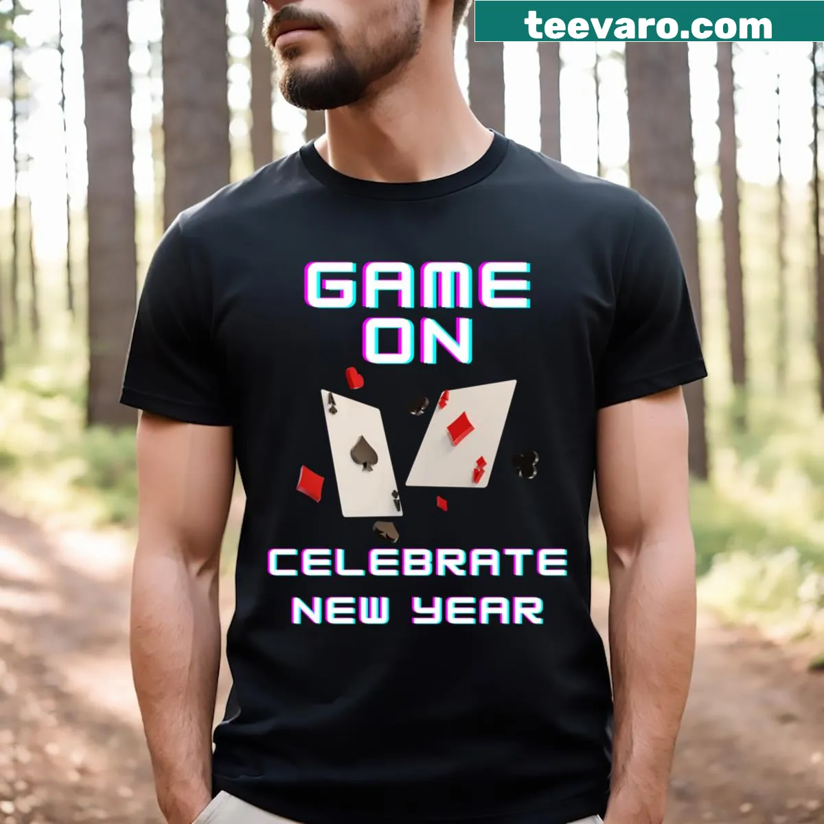 Playful New Year T-shirt with 'Game On' text design — on a men's t-shirt