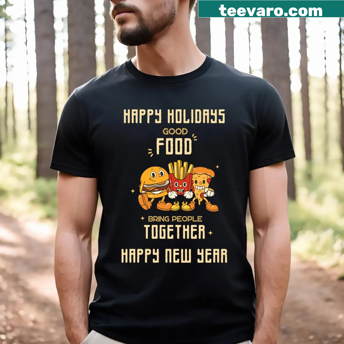 Funny New Year themed T-shirt with food illustrations — on a men's t-shirt