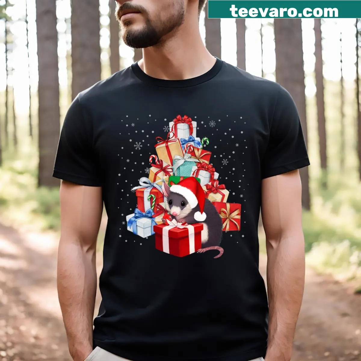 Funny possum Christmas tree T-shirt for animal lovers — on a men's t-shirt