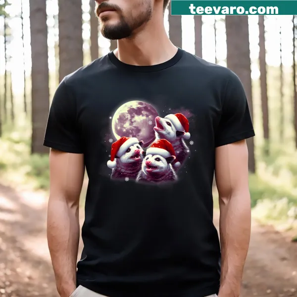 Cartoon opossums in Santa hats with a moon backdrop for Christmas
