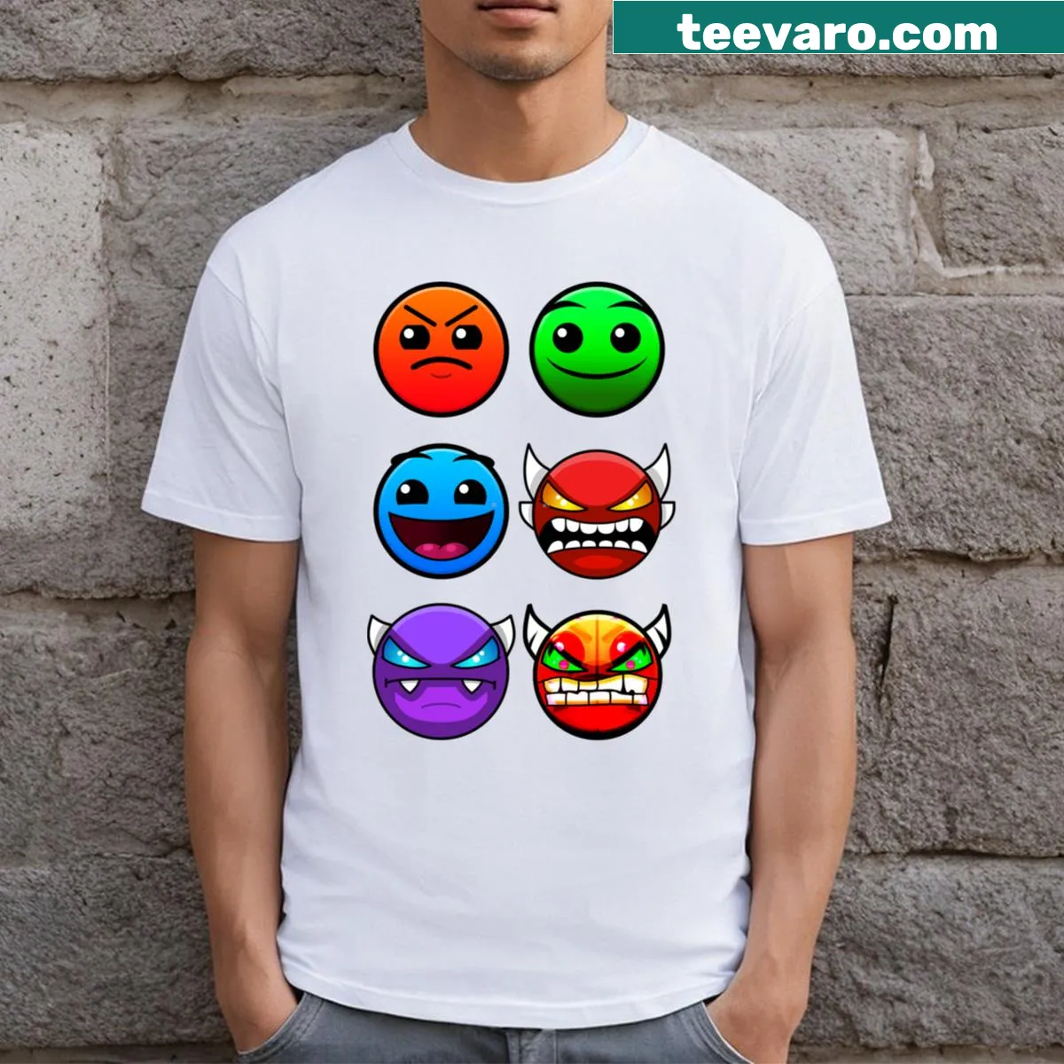 Geometry Dash themed T-shirt featuring iconic game shapes — on a men's t-shirt