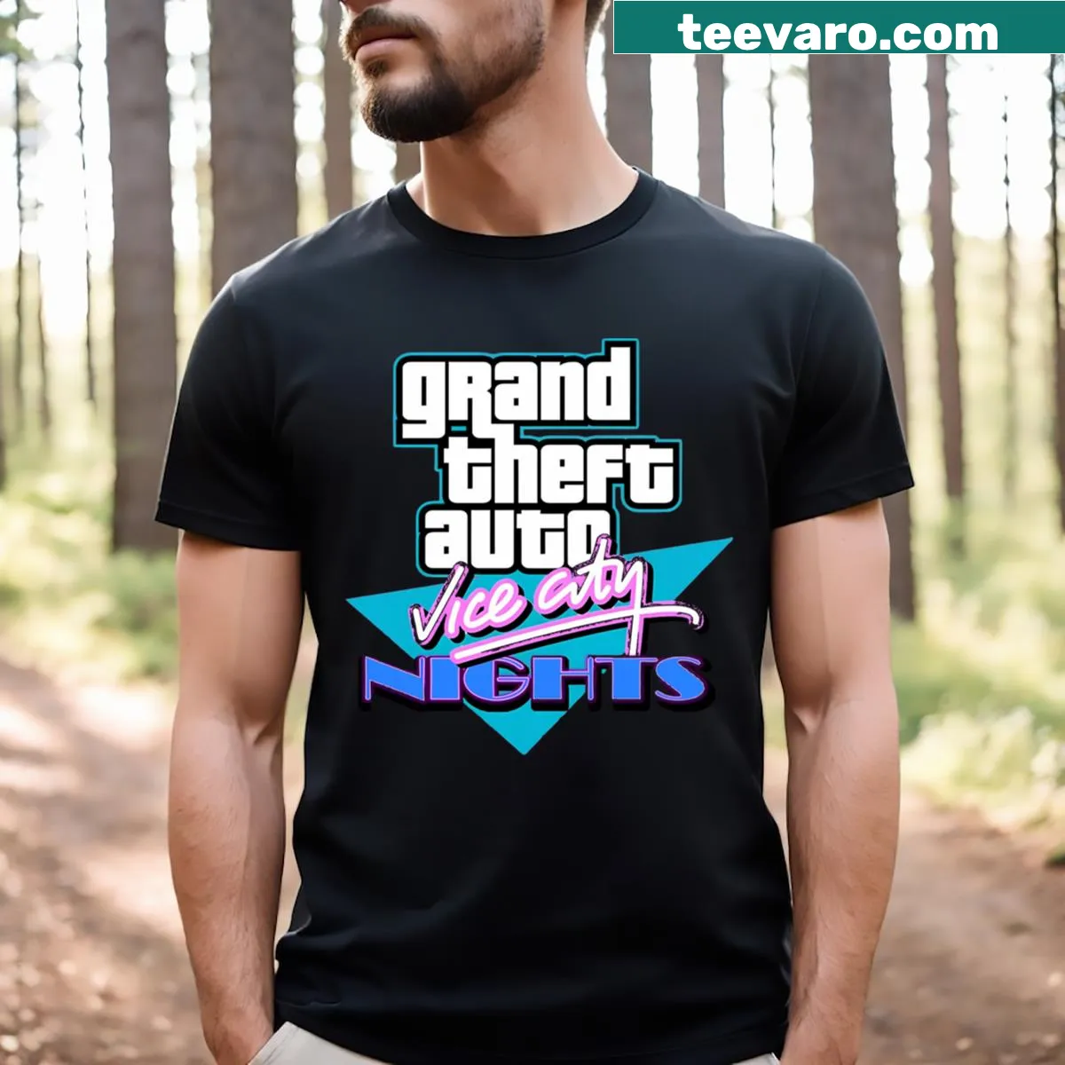 T-shirt inspired by Grand Theft Auto Vice City with vibrant graphics — on a men's t-shirt