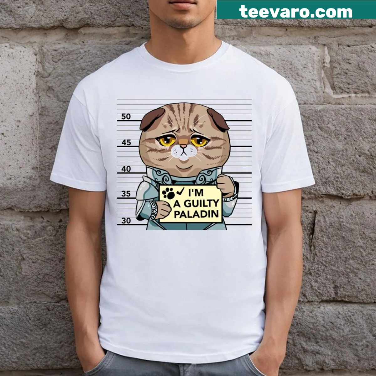 Fantasy-themed paladin graphic long t-shirt — on a men's t-shirt