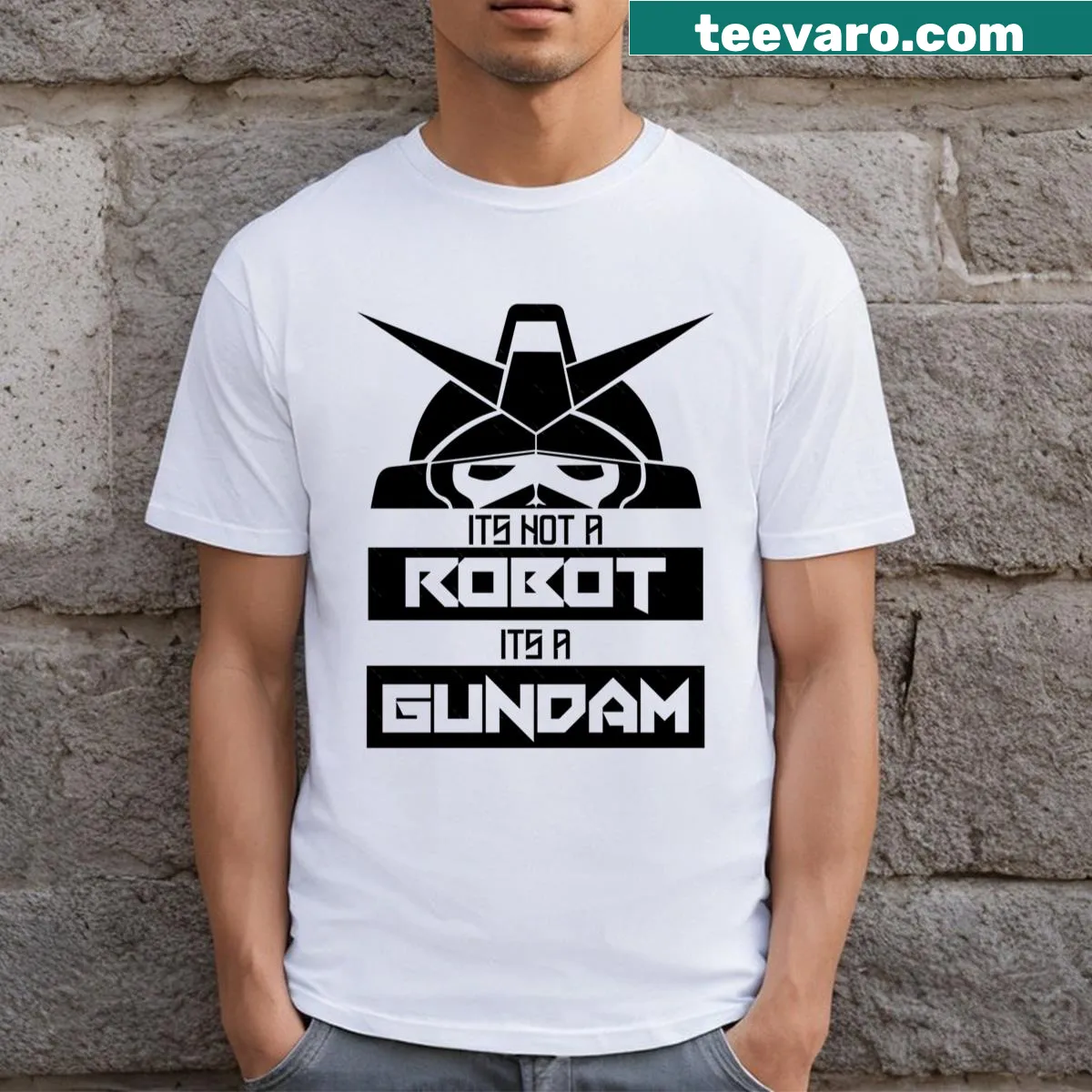 Gundam T-shirt with bold 'It's A Gundam' text — on a men's t-shirt