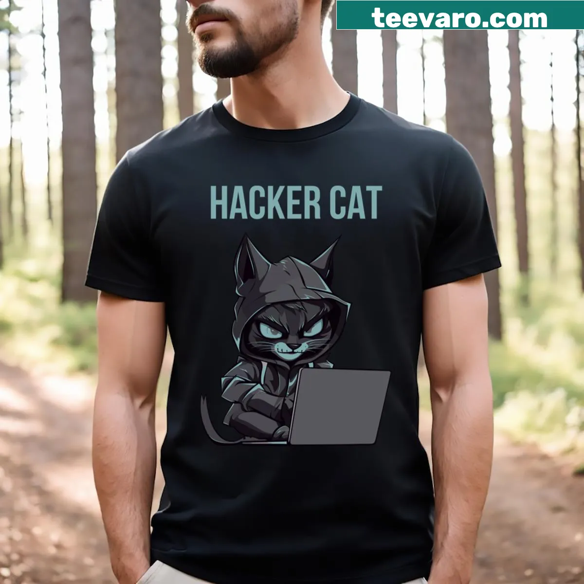 Pixelated Hacker Cat graphic on T-shirt — on a men's t-shirt