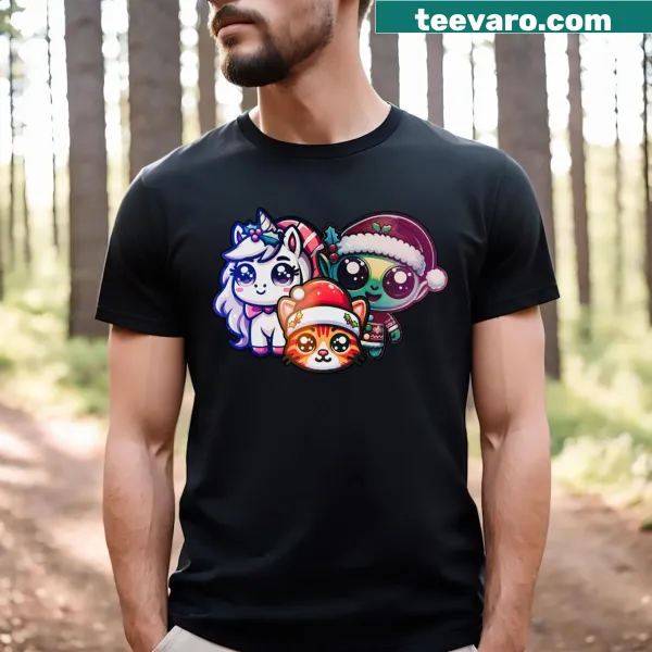 Whimsical holiday creatures design on a Christmas T-shirt