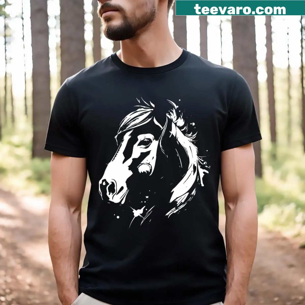 Illustrated T-shirt featuring a horse in white — on a men's t-shirt