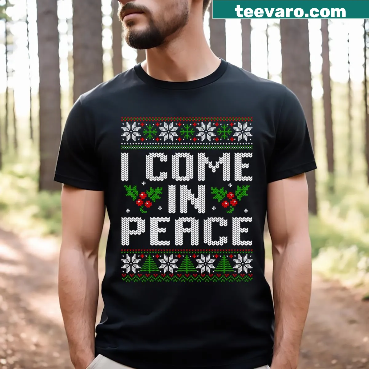 Couple matching Christmas T-shirts with 'I Come In Peace' text — on a men's t-shirt