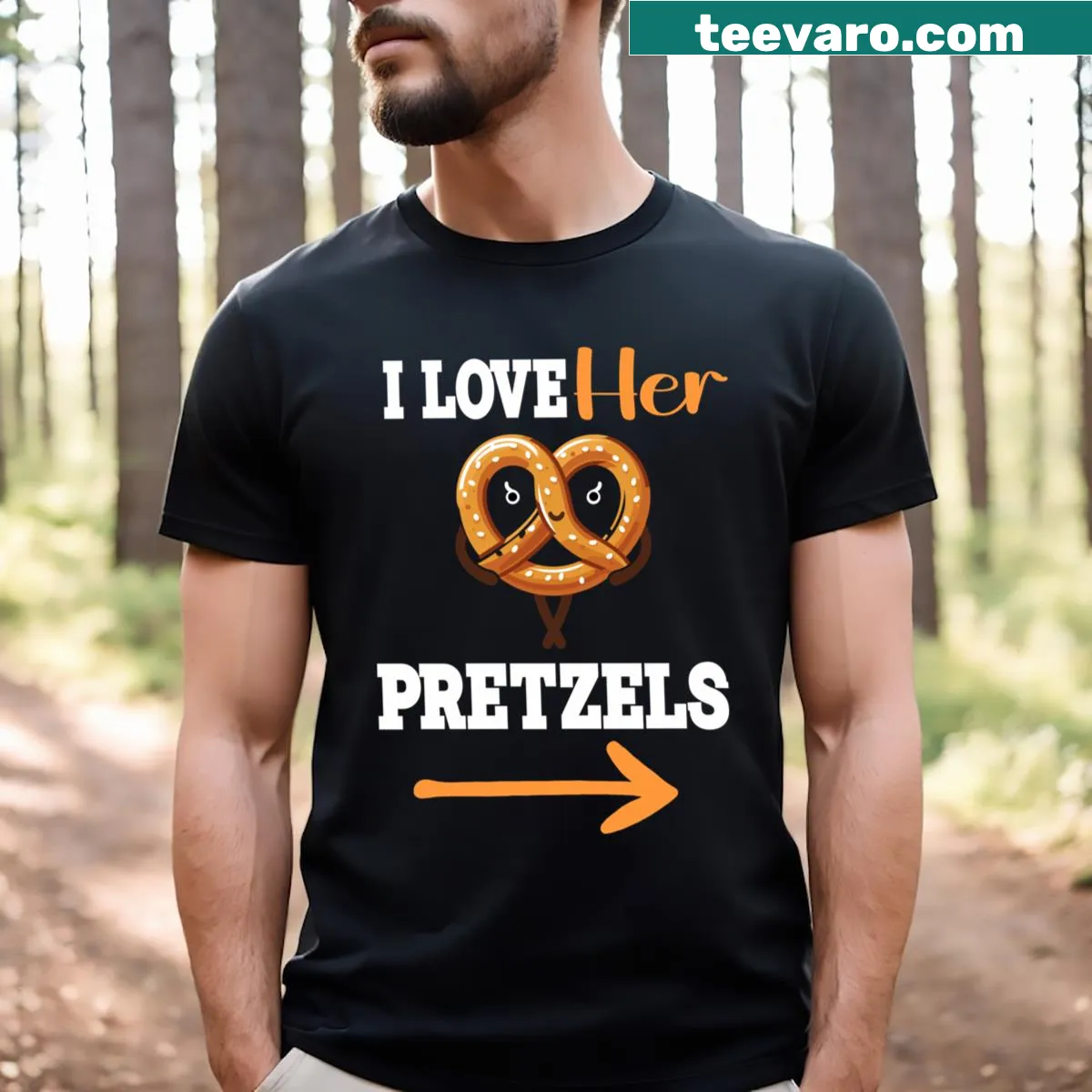 Couple matching T-shirt with 'I Love Her Pretzels' text — on a men's t-shirt