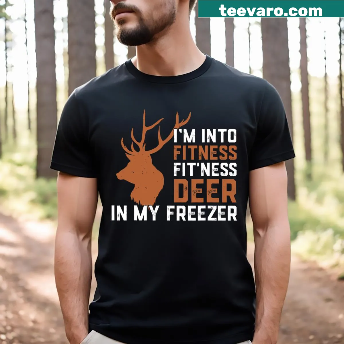 Humorous t-shirt for hunters about fitness and deer — on a men's t-shirt