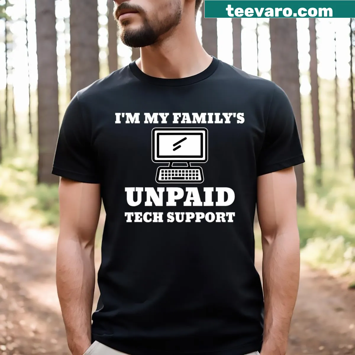 Funny t-shirt for tech support with playful text about family help. — on a men's t-shirt