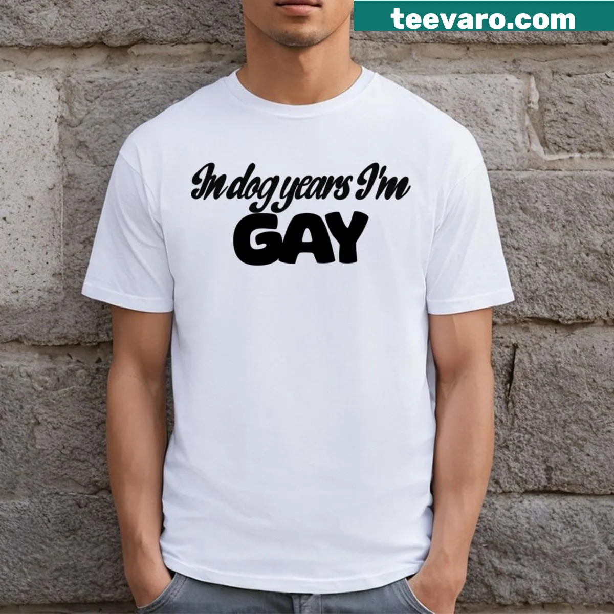 T-shirt with the funny phrase 'In Dog Years I'm Gay' — on a men's t-shirt