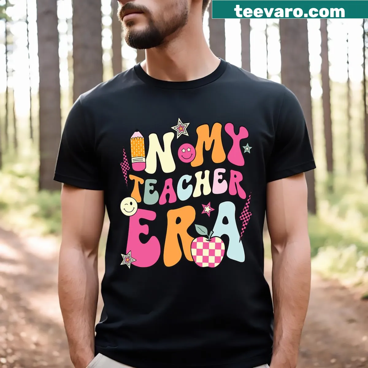 T-shirt celebrating 100 Days of School with the phrase 'In My Teacher Era Happy' — on a men's t-shirt