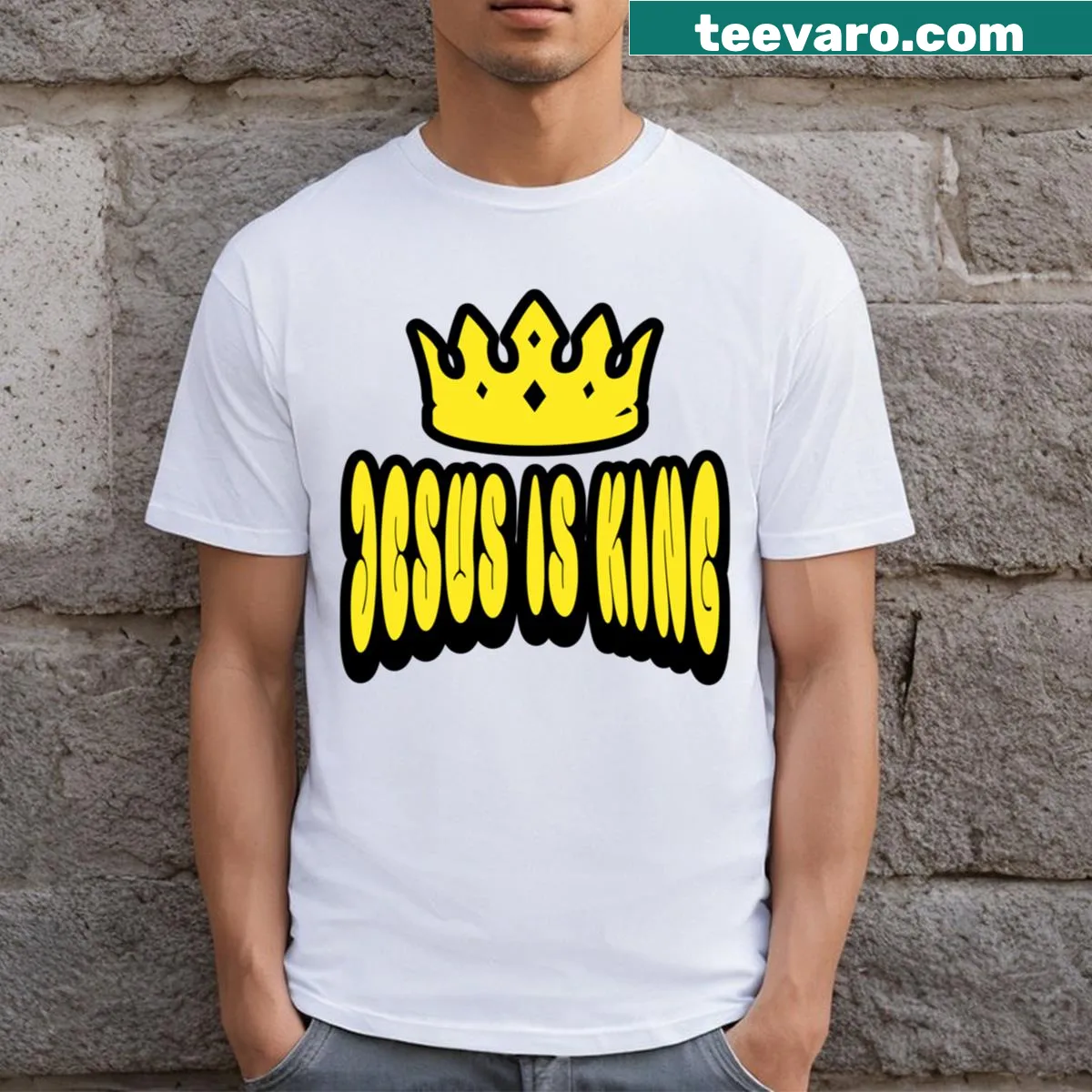 T-shirt with the declaration 'Jesus Is King' in bold typography — on a men's t-shirt