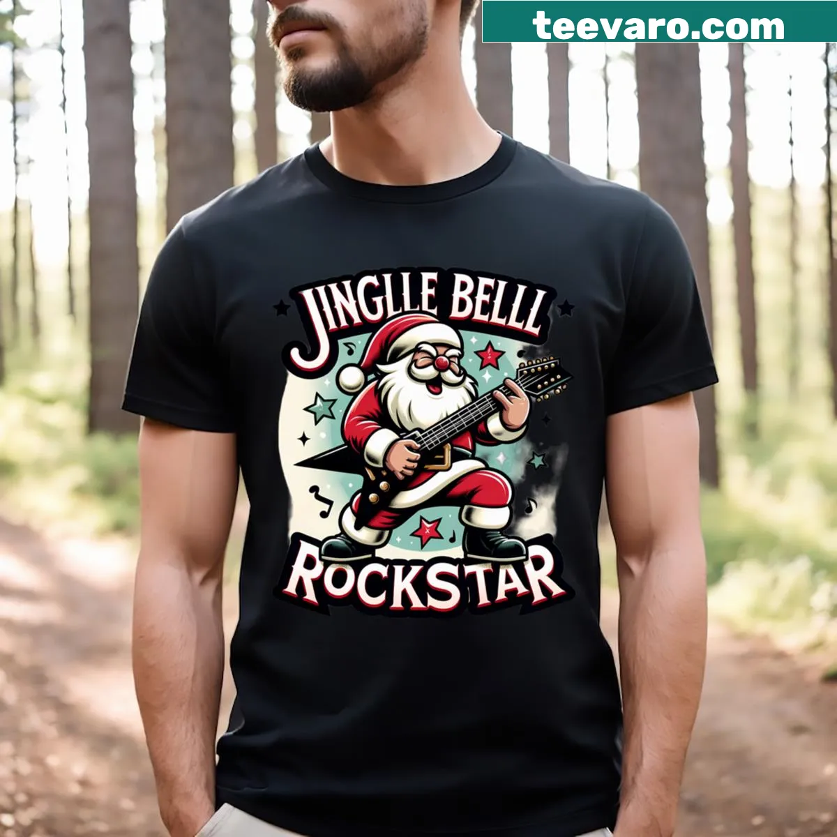 Santa playing guitar Christmas T-shirt — on a men's t-shirt