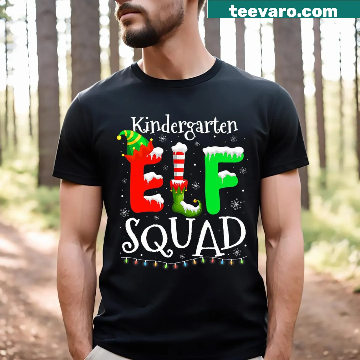 Illustrative Christmas T-shirt showing kindergarten elf squad — on a men's t-shirt